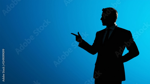 Silhouette of businessman in suit stands against a blue background