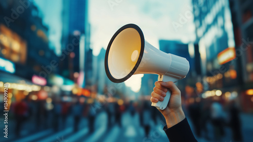Hand holds a megaphone, communication, digital marketing