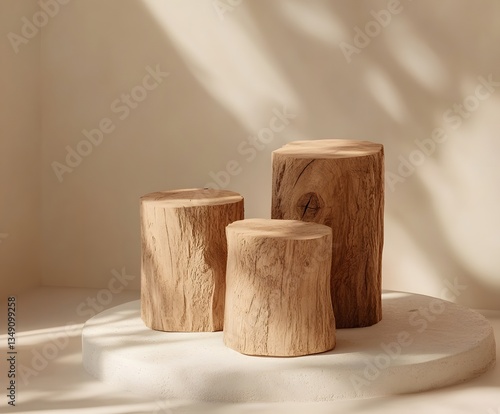 Eco-Friendly Display: Three meticulously crafted wooden pedestals of varying sizes stand elegantly on a concrete base, creating a captivating display with natural light and shadows.
