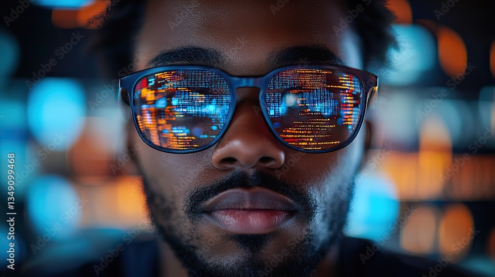 Intense focus on software and IT projects with blue lighting is seen in code reflecting in a developer's glasses in a close up. Intense focus on software and IT projects with blue lighting is seen in code reflecting in a developer's glasses in a close up.