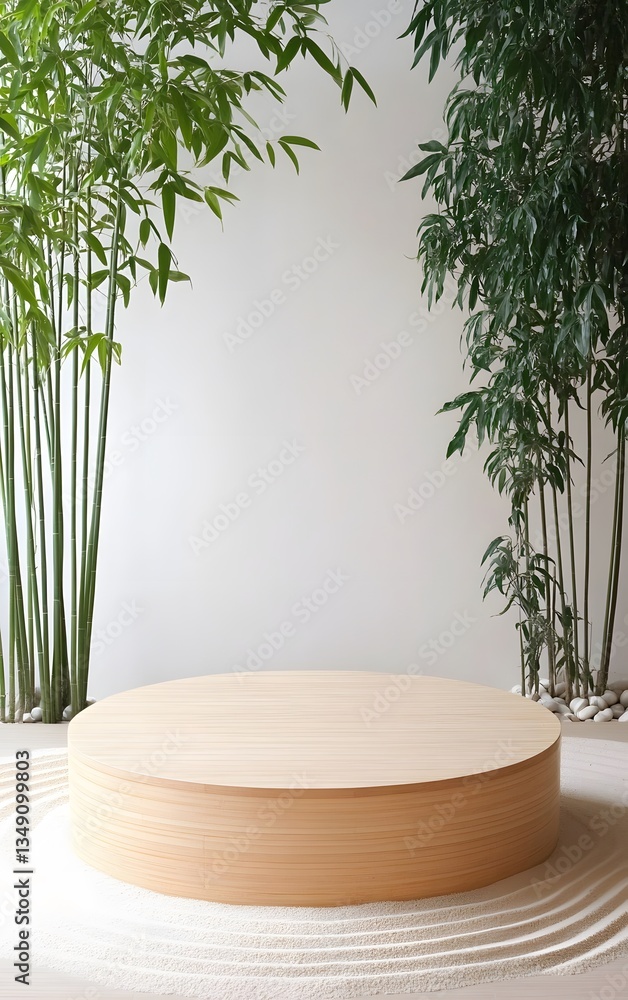 A podium made of natural bamboo, placed in the middle of a tranquil Zen garden with raked sand patterns.