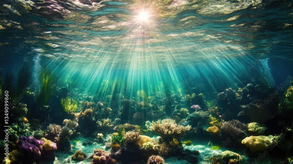 Obraz premium Underwater Coral Reef Illuminated by Sunlight