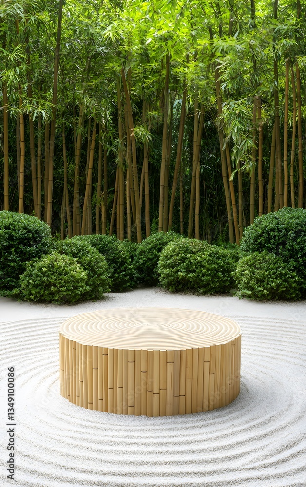A podium made of natural bamboo, placed in the middle of a tranquil Zen garden with raked sand patterns.