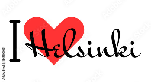 I love Helsinki, city of Finland. Hand drawn letters with red heart. Vector illustration lettering, modern design