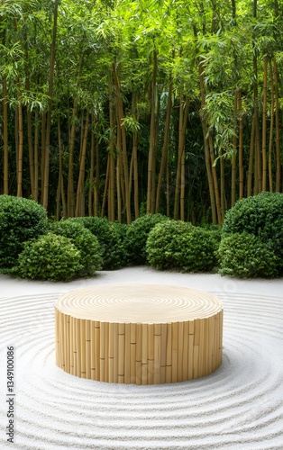 Obraz na płótnie A podium made of natural bamboo, placed in the middle of a tranquil Zen garden with raked sand patterns. w salonie