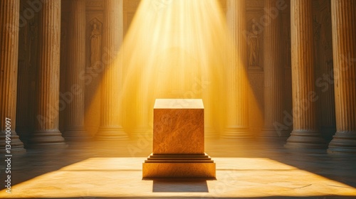 Golden altar illuminated by radiant light beams.