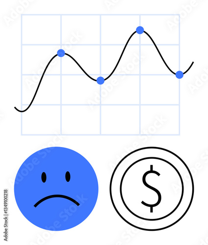 Graph depicting fluctuating trends, sad blue face icon, and dollar sign spotlighting financial loss, performance, or crisis. Ideal for economics, budgeting, investing, banking business risk