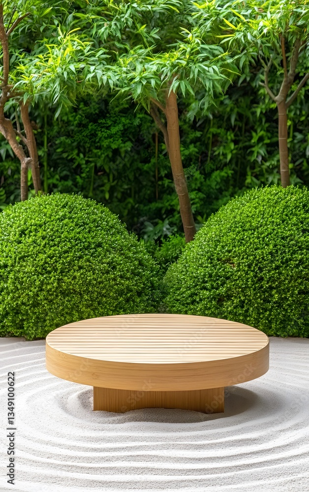 A podium made of natural bamboo, placed in the middle of a tranquil Zen garden with raked sand patterns.