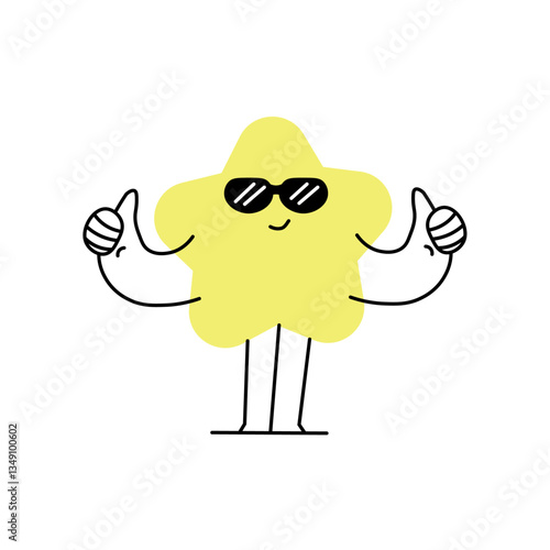 Cool yellow star character wearing sunglasses giving thumbs up, ok, fun cartoon illustration, good job, well done
