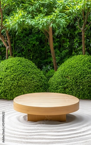 A podium made of natural bamboo, placed in the middle of a tranquil Zen garden with raked sand patterns.