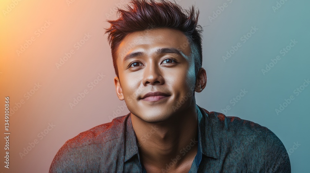 Fototapeta premium Confident Asian Man Portrait with Warm Lighting