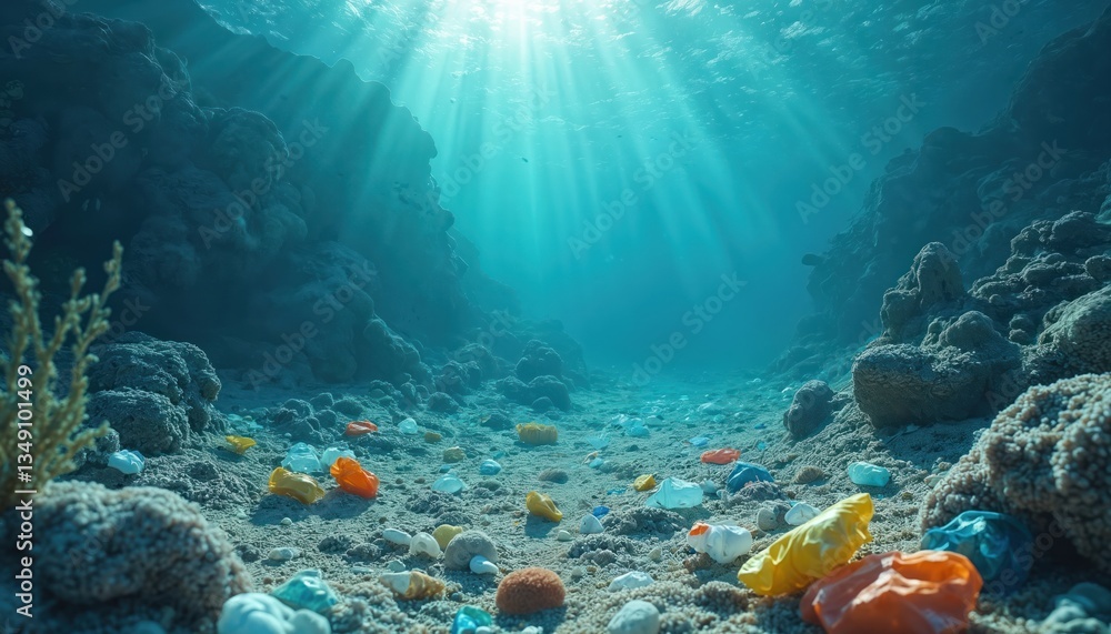 Fototapeta premium Underwater scene showing scattered plastic rubbish on seabed, environmental issue of water pollution, threat to marine life. Sun rays penetrate water, eco concept, water pollution threat.