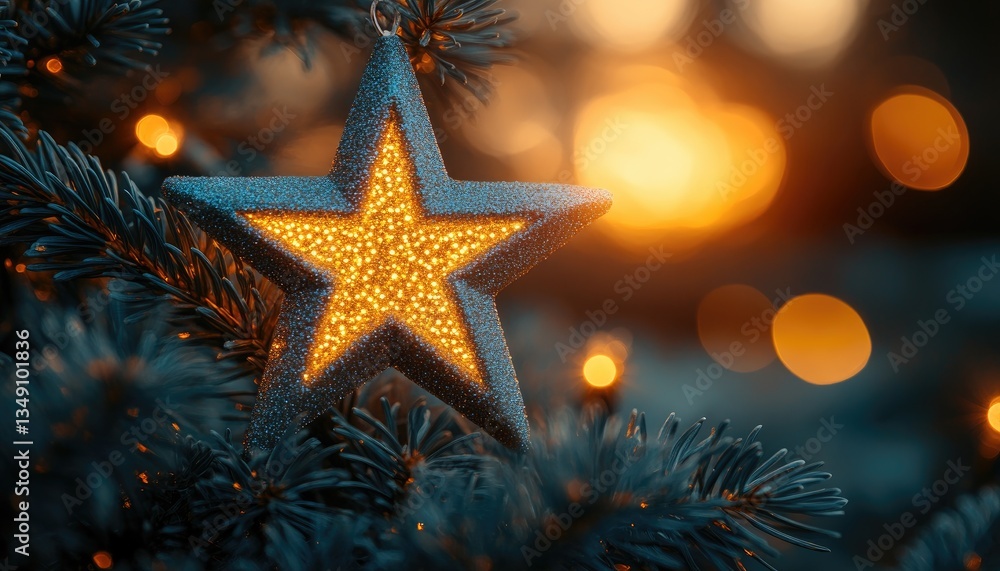 Glittery star ornament on a Christmas tree, glowing warmly. Perfect for holiday cards, websites, or festive designs. Glittery star ornament on a Christmas tree, glowing warmly. Perfect for holiday cards, websites, or festive designs.