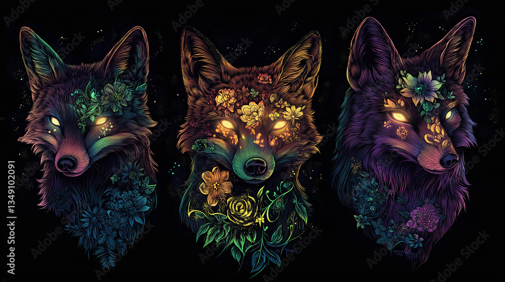 Naklejka premium Three mystical foxes adorned with glowing floral tattoos and luminous patterns gaze intensely against a black backdrop The sticker-style artwork features vivid colors, high-contrast shading, and hyper