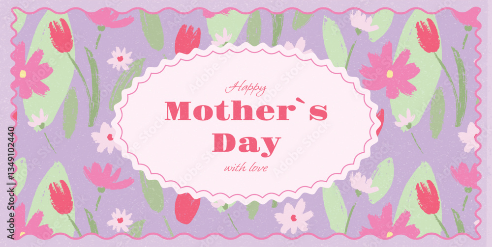 Happy Mother's Day card with a bouquet of hand drawn tulips, daisies, and wildflowers on a pastel background. Floral greeting card template for spring holiday celebration, ads, and decoration. Happy Mother's Day card with a bouquet of hand drawn tulips, daisies, and wildflowers on a pastel background. Floral greeting card template for spring holiday celebration, ads, and decoration.