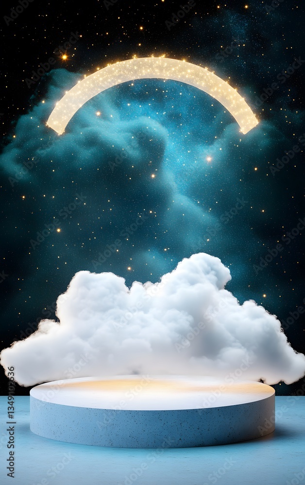 A floating podium made of clouds, surrounded by a dreamy celestial sky with soft glowing stars.