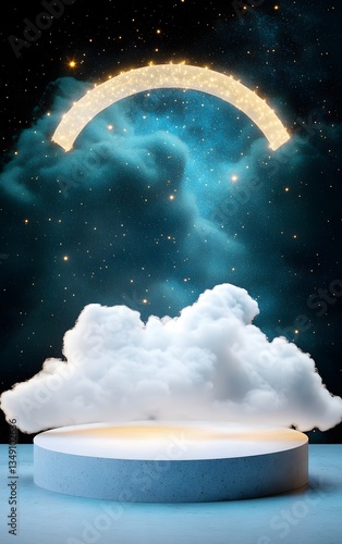 Obraz na płótnie A floating podium made of clouds, surrounded by a dreamy celestial sky with soft glowing stars. w salonie