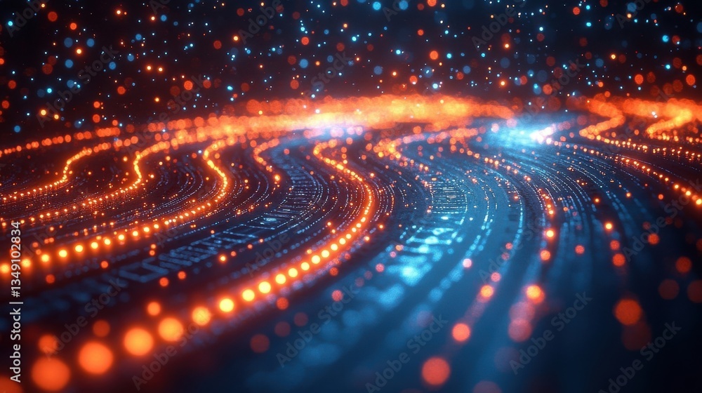 Abstract Digital Data Stream Glowing Orange And Blue Lines On Black Background Abstract Digital Data Stream Glowing Orange And Blue Lines On Black Background
