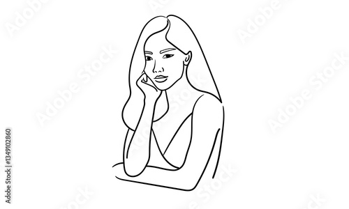 Girl narcissist, admires himself on white background  
Line art drawing. Girl asian model. Vector illustration