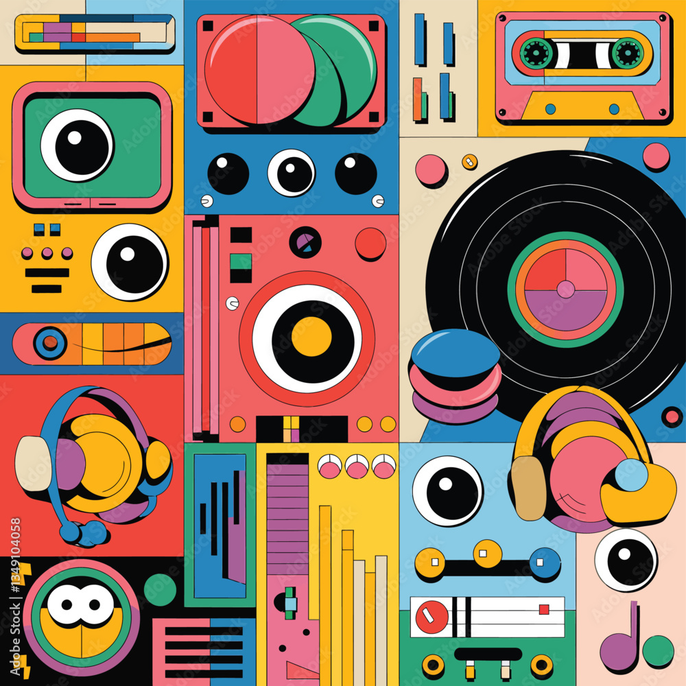 Fototapeta premium 2d vector illustration icon cool entertainment cartoon character music tools (Drum , Music Note , Headphones ,Microphone , Piano , Guitar ,Record) 