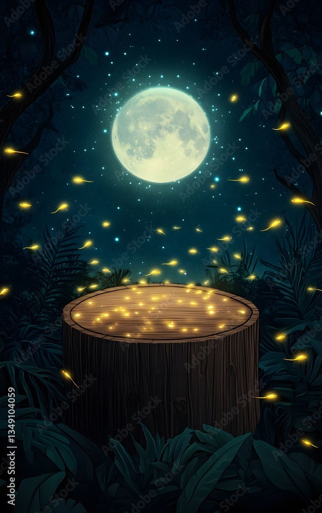 A wooden podium intertwined with glowing fireflies, placed in a moonlit jungle clearing.