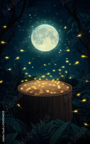 Obraz na płótnie A wooden podium intertwined with glowing fireflies, placed in a moonlit jungle clearing. w salonie