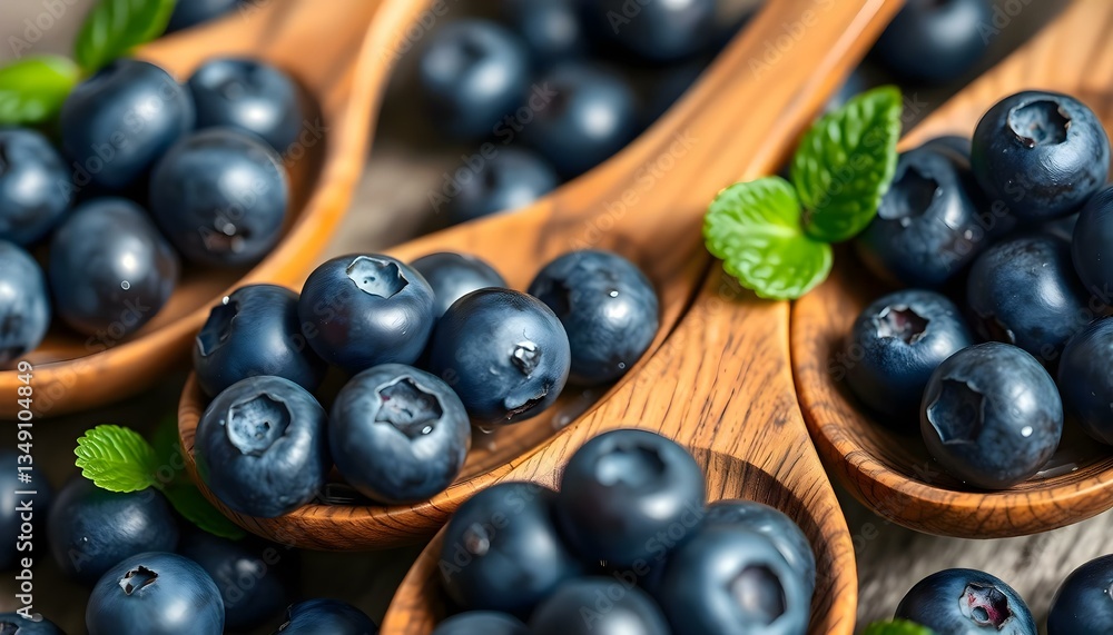 several wooden spoons filled with blueberries on top of a table several wooden spoons filled with blueberries on top of a table