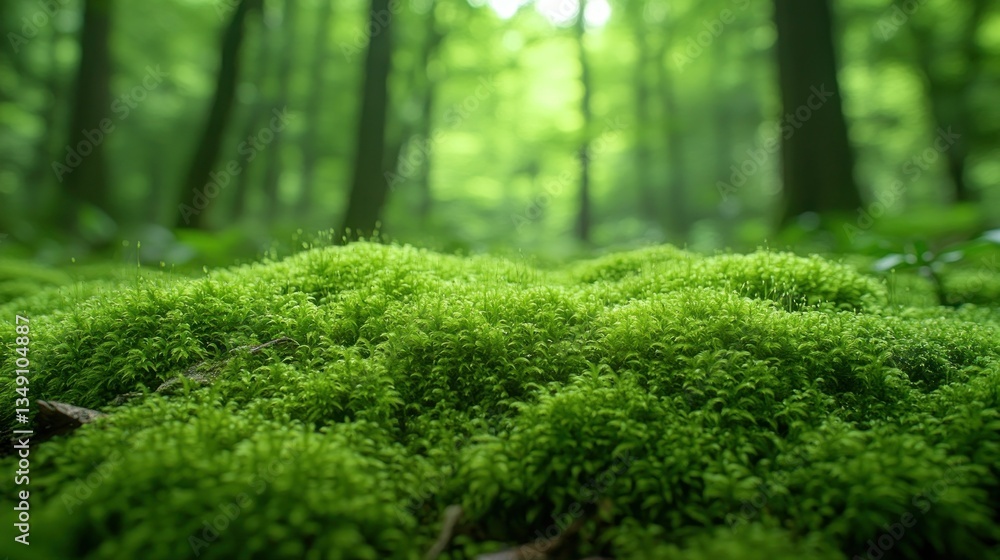 Lush green moss carpet in a sun-dappled forest Lush green moss carpet in a sun-dappled forest