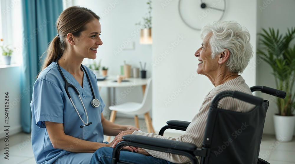 Obraz premium Face, happy or doctor with old woman In wheelchair or consultation for healthcare in hospital clinic.