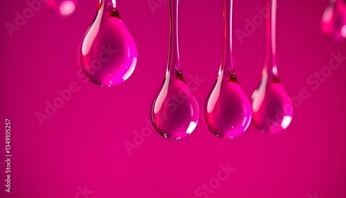 drops of water hanging from a pink background