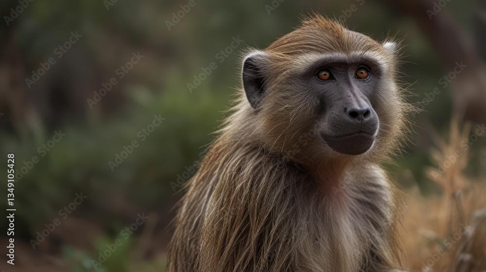 Close-up of a baboon, thoughtful gaze Close-up of a baboon, thoughtful gaze