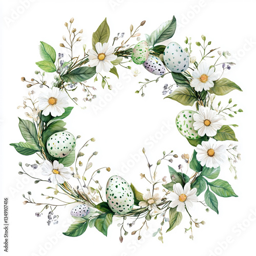 Beautiful Easter wreath with delicate flowers, eggs, and leaves, celebrating spring, resurrection, and religious traditions in watercolor