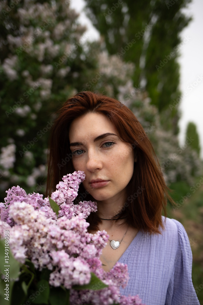 Fototapeta premium A beautiful young woman with a bouquet of blooming lilacs on the background of nature.