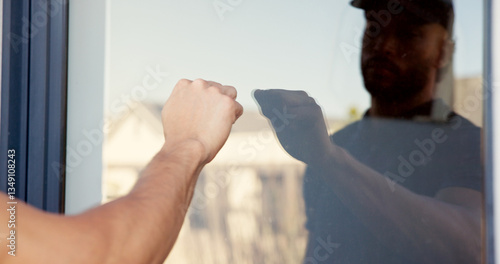Fotografía Hand, man and knocking on door of house for entrance, arrival alert and respect of visit homeowner