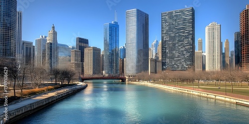 Chicago Skyline: A stunning panorama of the Chicago skyline, with its iconic skyscrapers and modern architecture, reflected in the calm waters of a river under a bright blue sky.