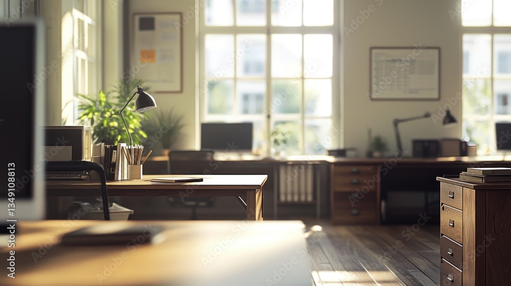 Fototapeta premium Sunlit Modern Office Workspace: A Serene and Productive Environment