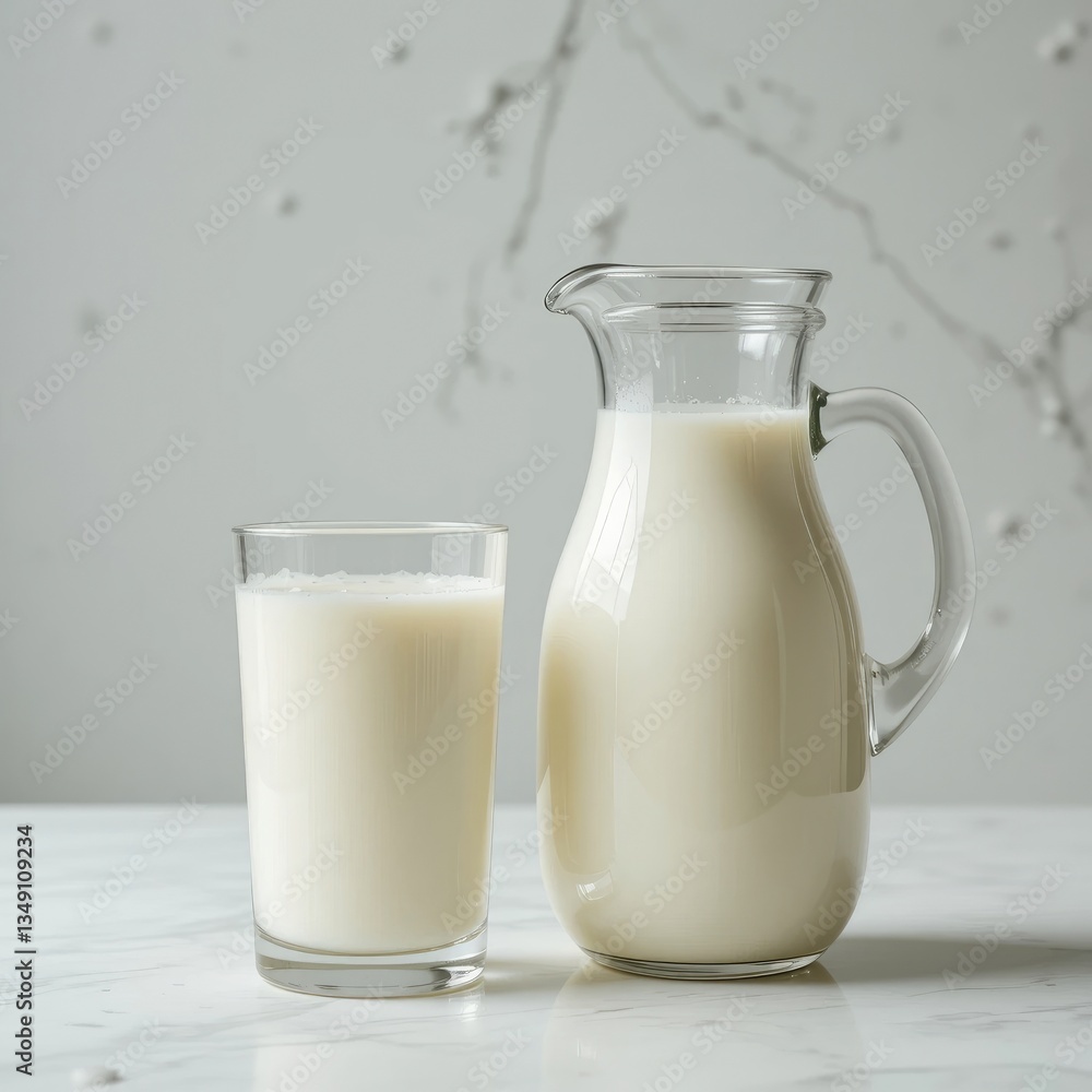 Fresh Milk Glass and Pitcher on Marble Surface for Healthy Drink Fresh Milk Glass and Pitcher on Marble Surface for Healthy Drink