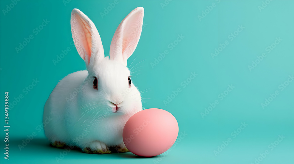Obraz premium White Easter Bunny with Pink Egg on Teal Background