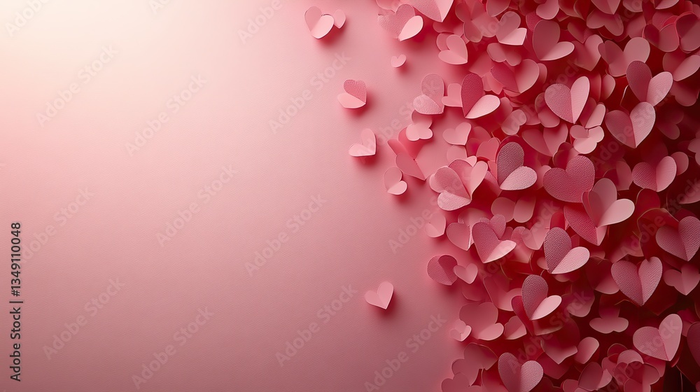 Obraz premium Many small pink paper hearts form a romantic background ideal for Valentine's, Mother's Day, or spring projects, leaving ample left,side copy space.