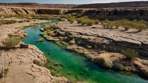 Calm lake nestled in mountain landscape reflecting sunrise sky