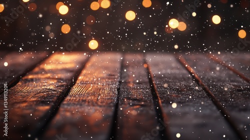 Snowy wooden table, bokeh lights, winter scene