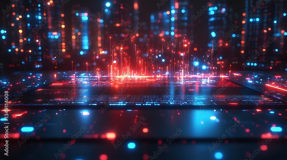 Fototapeta premium Futuristic digital cityscape with glowing lines and particles.