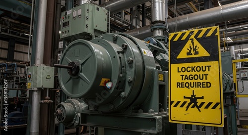 Industrial Equipment with Lockout Tagout Sign and Safety Measures