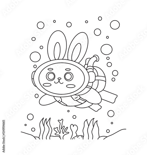 Coloring book rabbit dive in the ocean nature