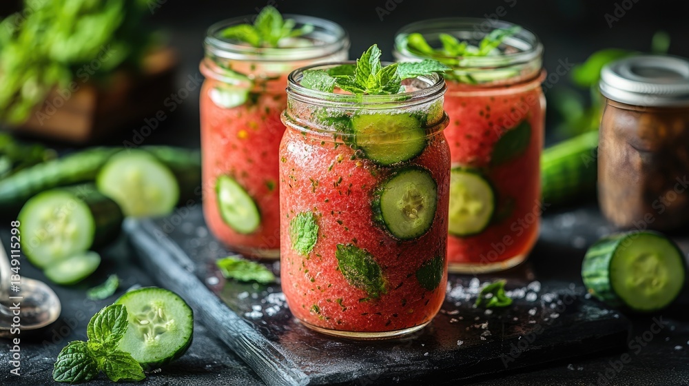Refreshing watermelon-cucumber smoothie in mason jars, garnished with mint. Perfect for summer, showcasing healthy and delicious beverage. Refreshing watermelon-cucumber smoothie in mason jars, garnished with mint. Perfect for summer, showcasing healthy and delicious beverage.