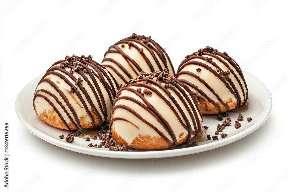 Captivating delight featuring delectable pastries adorned with chocolate drizzle on pristine background studio shot Captivating delight featuring delectable pastries adorned with chocolate drizzle on pristine background studio shot