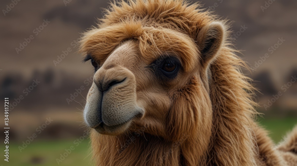 Fototapeta premium Close-up of a camel's head and neck, featuring thick fur and a soft expression