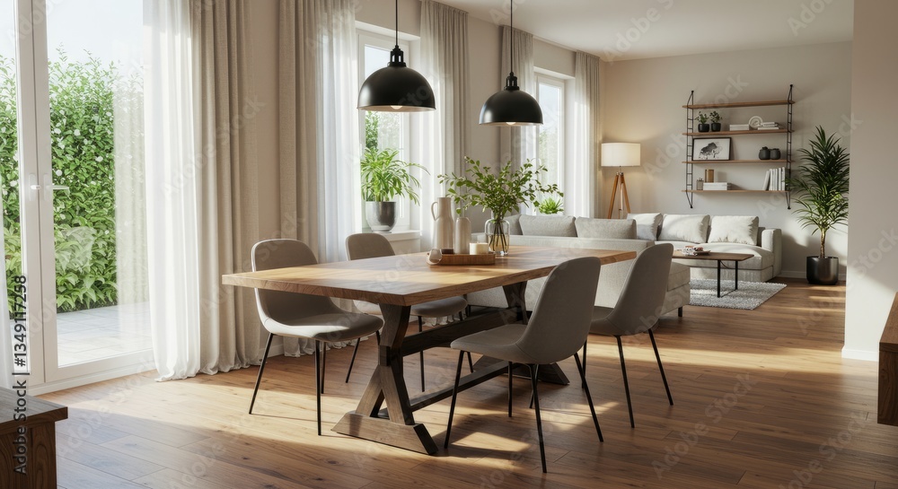 Modern Living Room with Wooden Dining Table and Comfortable Seating Modern Living Room with Wooden Dining Table and Comfortable Seating