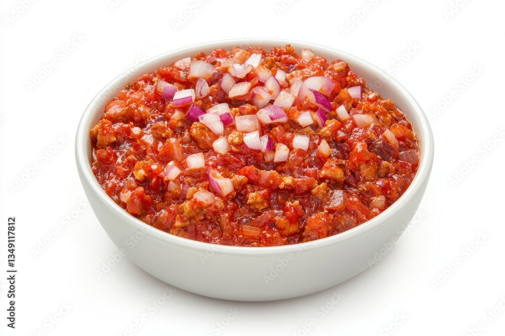 Hearty ground meat chili with diced red onions in white bowl classic comfort food for chilly season Hearty ground meat chili with diced red onions in white bowl classic comfort food for chilly season