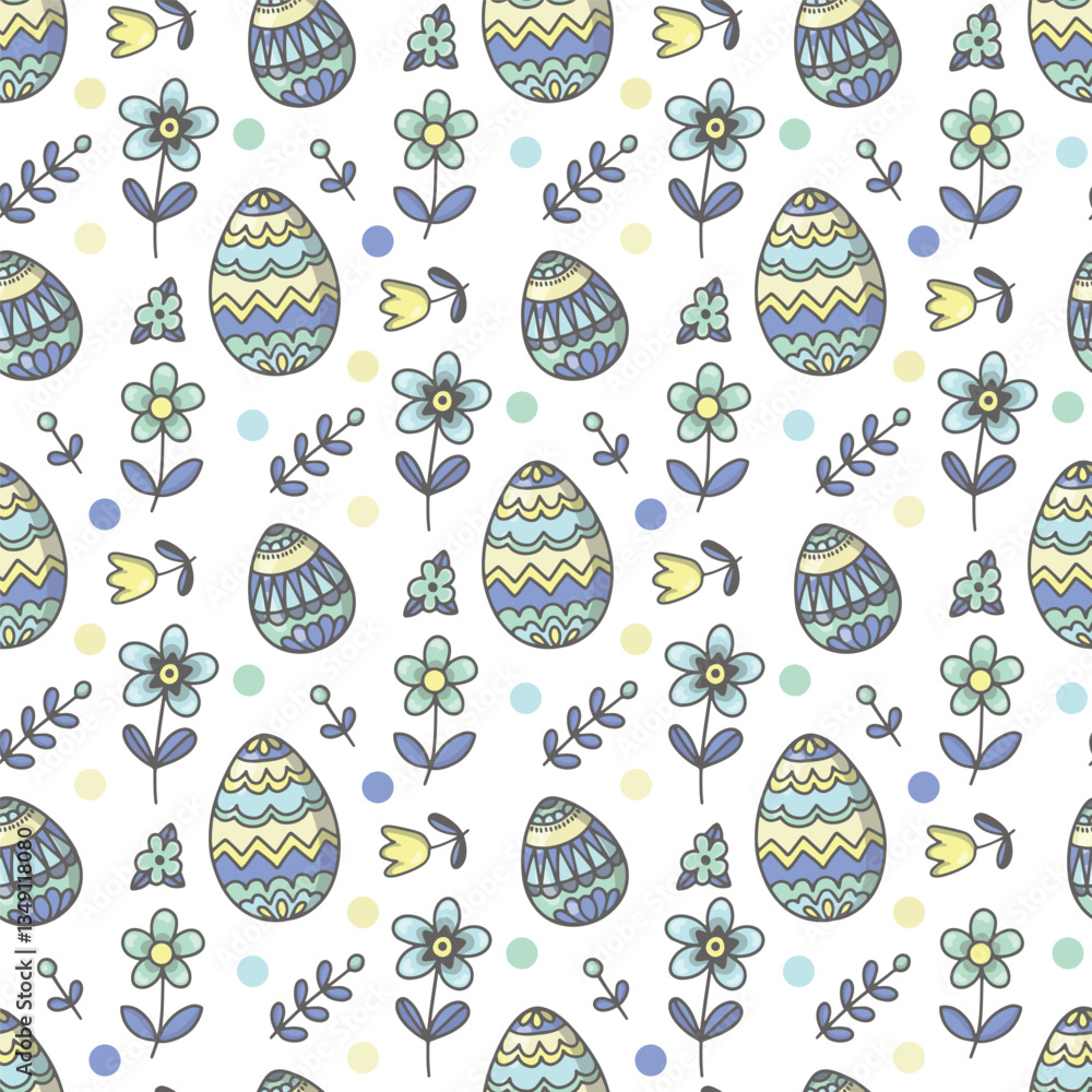 Easter eggs and flowers. Seamless vector pattern for fabric design, wrapping paper, wallpapers. Hand drawn. Easter eggs and flowers. Seamless vector pattern for fabric design, wrapping paper, wallpapers. Hand drawn.
